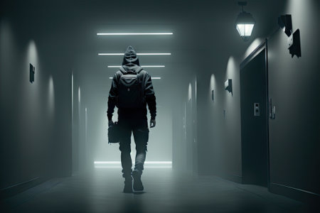 Rear view of aa man in a dark room with a backpack, generative ai artの素材