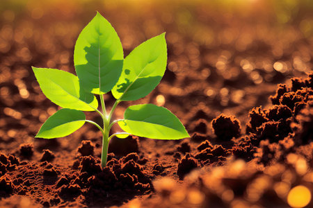 young plant growing in garden with sunlight, a small green plant sprouting out of the ground, generative ai artの素材