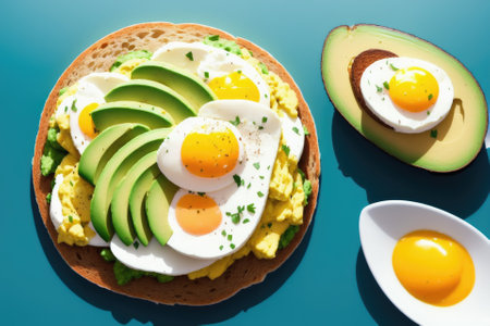 Avocado toast with poached egg on a wooden board, generative ai, healthy food. breakfast concept.の素材