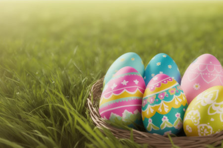 Basket of easter eggs on green grass, colorful eggs for celebration, generative ai, sunny day.の素材