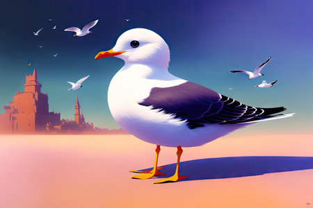 Cartoonish atlantic seabird, seagull. Sea Gull, bird in a cartoon style painting. Generative ai art illustration.の素材