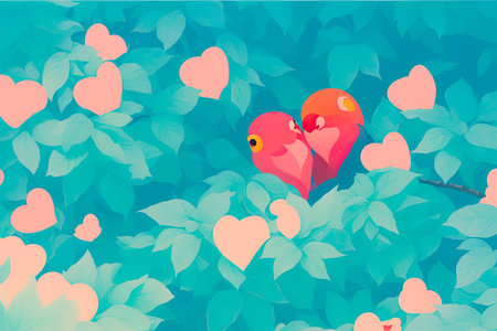 Original digital art painting on canvas of two parrot lovebirds is sitting on branch close each other. Generative AI.の素材