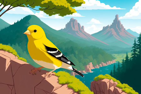 A colorful drawing of a yellow bird (American Goldfinch). art style. Generative AI.の素材