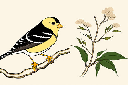 A colorful drawing of a yellow bird (American Goldfinch). art style. Generative AI.の素材