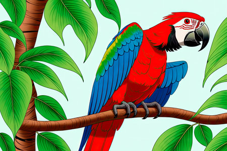 Scarlet Macaw, jungle forest trees and leaves, digital painting, art sketch. Generative AI.の素材