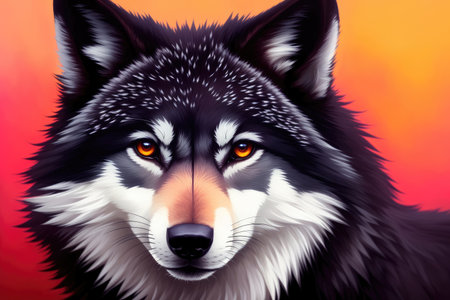 Mystery wolf in forest. Colorful magic wolf, cartoon style painting. Generative ai art illustration.の素材