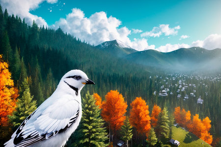 White cute bird in forest. digital painting art. Generative AI.の素材