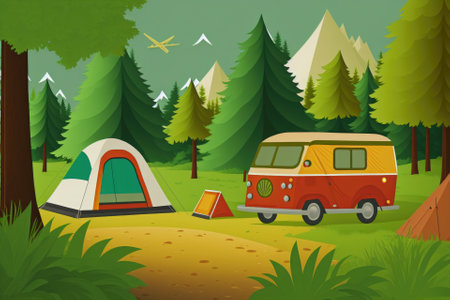 Modern new Camping Van cartoon painting, parking at the forest in beautiful, generative ai, authentic nature.の素材