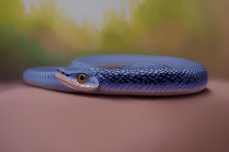 Big cute snake. Beautiful dangerous reptile. Colorful magic snake, cartoon style painting. Generative ai art illustration.の素材