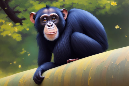 Modern painting of golden chimpanzee. Colorful magic chimpanzee, cartoon style painting. Generative ai art illustration.の素材