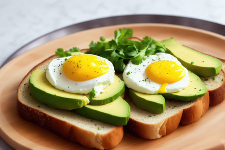 Avocado toast with poached egg on a wooden board, generative ai, healthy food. breakfast concept.の素材