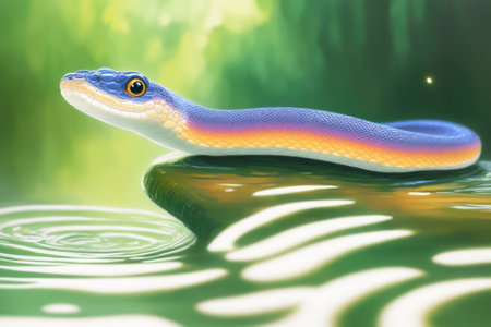 Big cute snake. Beautiful dangerous reptile. Colorful magic snake, cartoon style painting. Generative ai art illustration.の素材