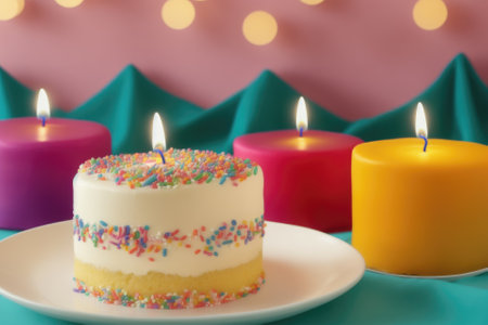 Birthday cake with colorful candles and sprinkles, generative ai, on table with copyspace, holiday partyの素材
