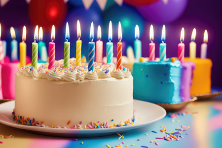 Birthday cake with colorful candles and sprinkles, generative ai, on table with copyspace, holiday partyの素材