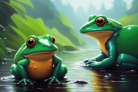 Cute colorful magic frog, cartoon style painting. Generative ai art illustration.の素材