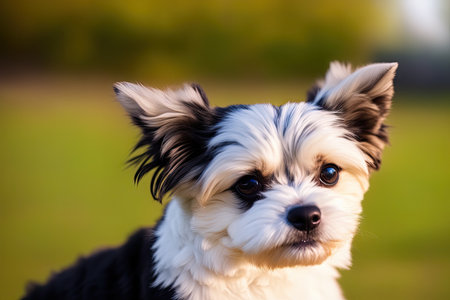 Maltese dog, pet, white maltese puppy in garden, generative ai, summeritme.の素材
