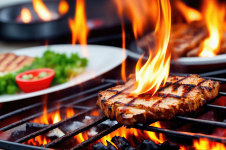 Steak is cooking on a grill with flames in the backgroung, generative ai, tasty beef meat.の素材