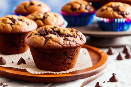 Delicious chocolate muffins with sugar powder, on dark background, generative ai, selective focus.の素材
