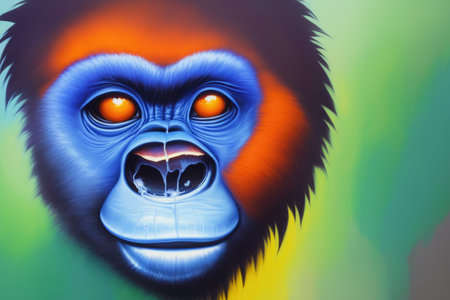Modern drawing of Gorilla on colorful background. Colorful magic gorilla monkey, cartoon style painting. Generative ai art illustration.の素材