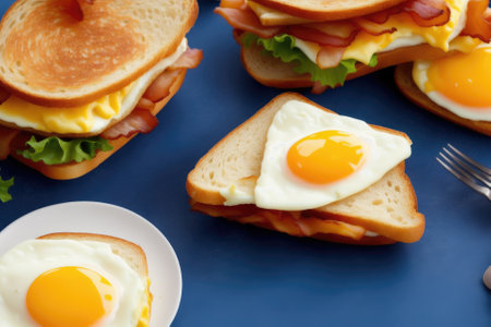 Sandwiches with egg, ham and toast cheese fried in a pan, generative ai, tasty breakfast.の素材