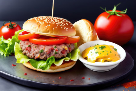 Craft beef burger with cheddar, bacon, lettuce and sauce, generative ai, on plate and wooden background.の素材