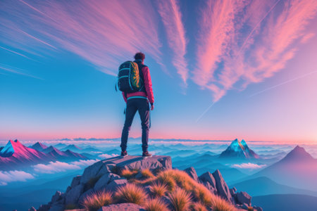 Tourist man hiker standing on top of the mountain with backpack, generative ai. Active life conceptの素材