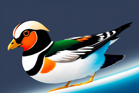 Digital color art painting of harlequin duck (Histrionicus histrionicus) in profile on nature background. Generative AI.の素材