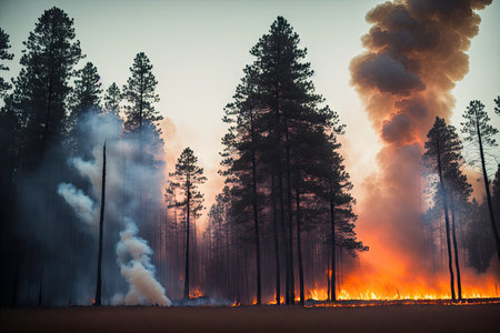 Intense flames from a massive forest fire, generative ai. Flames light up the evening as they rage thru pine forests and sage brush.の素材