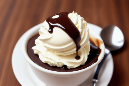 Close Up Still Life of Scoops of Chocolate and Vanilla Ice Cream with Chocolate Shavings, generative ai, on Rustic Wooden Table Surface with Copy Space.の素材