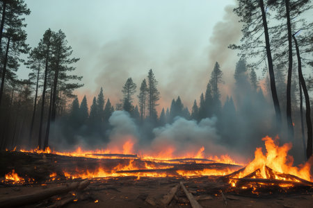 Intense flames from a massive forest fire, generative ai. Flames light up the evening as they rage thru pine forests and sage brush.の素材