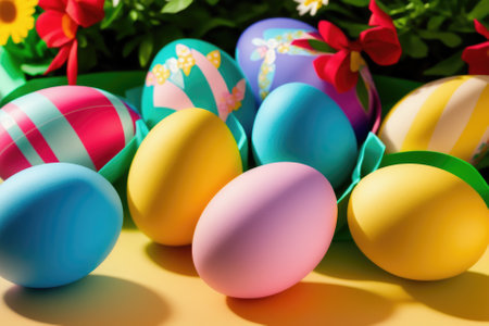 Colorful Easter eggs for holiday celebration, generative ai, pastelle color background.の素材