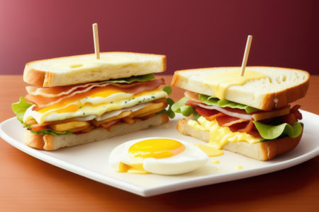 Sandwiches with egg, ham and toast cheese fried in a pan, generative ai, tasty breakfast.の素材