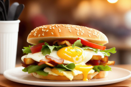 Sandwiches with egg, ham and toast cheese fried in a pan, generative ai, tasty breakfast.の素材