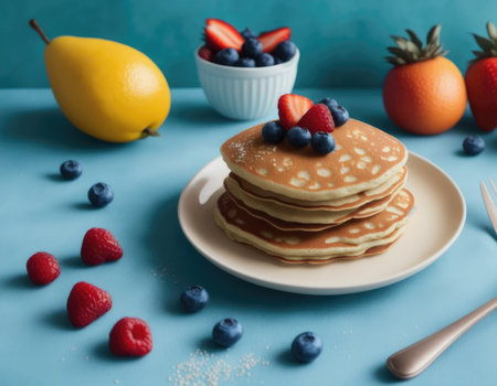 Pancakes with forest fruits and berries on table. Top view of fresh pancakes on dish, generative ai, tasty food.の素材