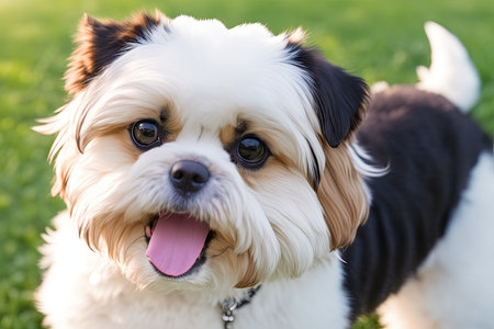 Cute Shitzu dog in the park, generative ai color grading. Shih Tzu puppy smiling.の素材