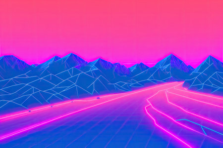 80s synthwave styled landscape, retrowave wireframe mountains, neon lines over arcade space planet canyon. Generative AI.の素材