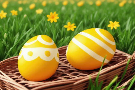 Basket of easter eggs on green grass, colorful eggs for celebration, generative ai, sunny day.の素材