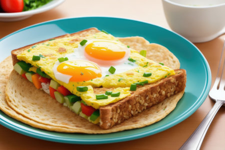 Fried omelette with vegetables on a plate on old wooden background, generative ai, colorful omelette chopped fresh parsley. Breakfast recipe with eggs. closeup.の素材