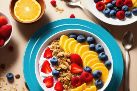 Smoothie bowl with fruits, muesli, strawberries, slices, generative ai, healthy food.の素材