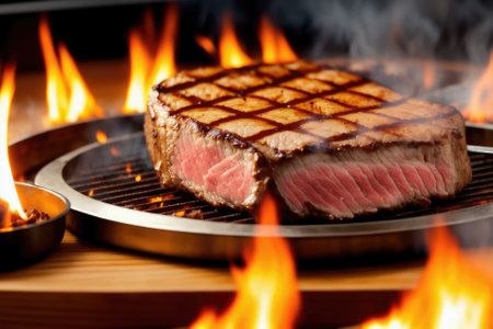 Steak is cooking on a grill with flames in the backgroung, generative ai, tasty beef meat.の素材