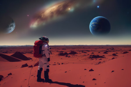 Astronaut in space suit walking on an unexplored planet, generative ai.の素材