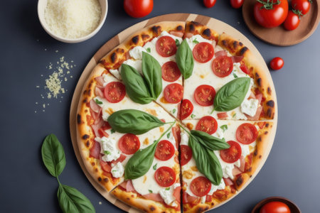 Hot tasty traditional italian pizza with salami, meat, cheese, tomatoes greens, generative ai, on a dark backgroundの素材