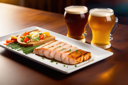 Draft beer and grilled fish, wooden plate, restaurant, blurred background, generative ai, food photography.の素材
