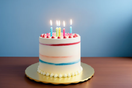 Minimalist birthday cake with solid colors and candles on a flat background, generative ai, with copyspaceの素材