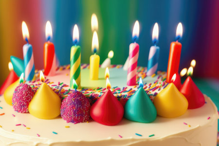 Birthday cake with colorful candles and sprinkles, generative ai, on table with copyspace, holiday partyの素材