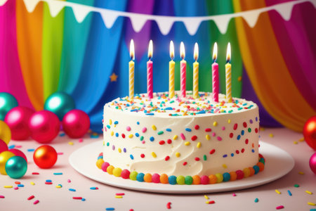 Birthday cake with colorful candles and sprinkles, generative ai, on table with copyspace, holiday partyの素材