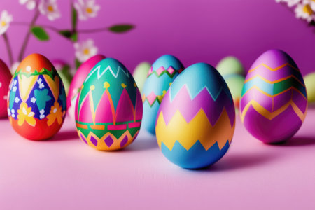 Basket of easter eggs on green grass, colorful eggs for celebration, generative ai, sunny day.の素材