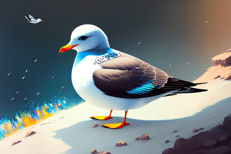 Cartoonish atlantic seabird, seagull. Sea Gull, bird in a cartoon style painting. Generative ai art illustration.の素材