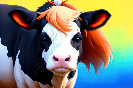 cow portrait. Colorful magic cow, cartoon style painting. Generative ai art illustration.の素材
