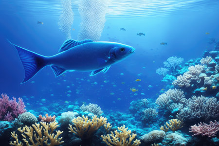 Underwater coral reef landscape with fish, generative ai, in the deep blue ocean with colorful marine life.の素材